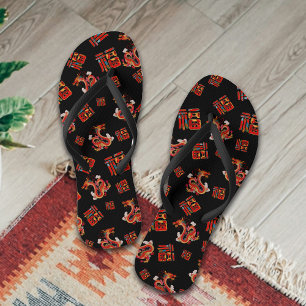 Black Red Chinese New Year Dragon Blessings 福 Luck Flip Flops