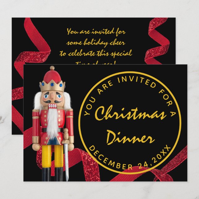 Black Red Christmas Eve Dinner Gold  Nutcracker Invitation (Front/Back)