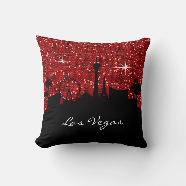 Black & Red Confetti Glitter Las Vegas Skyline Cushion (Front)