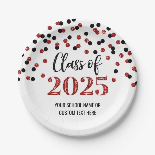 Black Red Confetti Graduation 2025 Paper Plate (Front)
