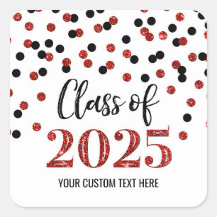 Black Red Confetti Graduation 2025 Square Sticker