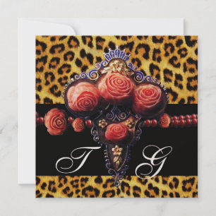BLACK RED CORAL ROSES,LEOPARD SKIN MONOGRAM INVITATION