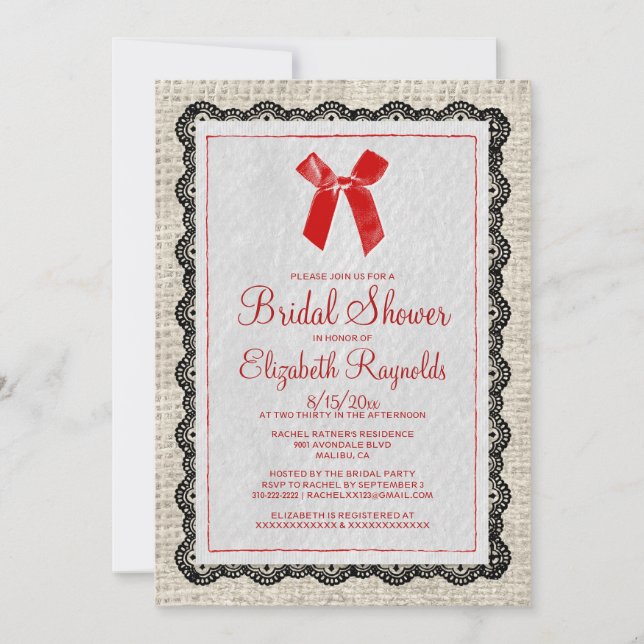 Black Red Country Burlap Bridal Shower Invitations (Front)