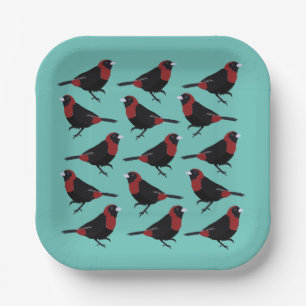 Black Red Crimson-Collared Tanager Bird Songbird  Paper Plate