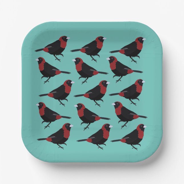Black Red Crimson-Collared Tanager Bird Songbird  Paper Plate (Front)