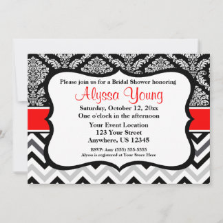 Black Red Damask Chevron Invitation