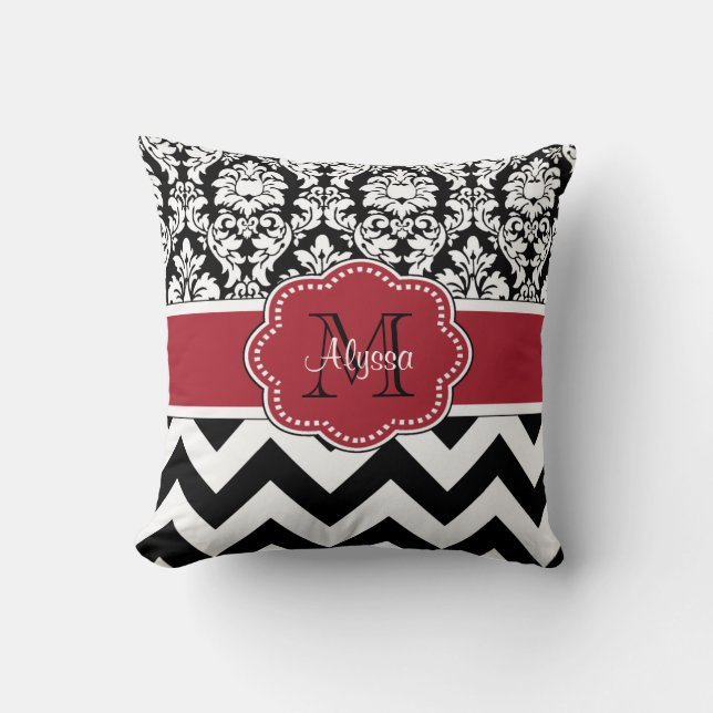 Black Red Damask Chevron Personalised Cushion (Front)