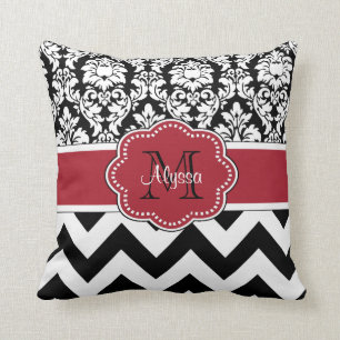 Black Red Damask Chevron Personalized Cushion