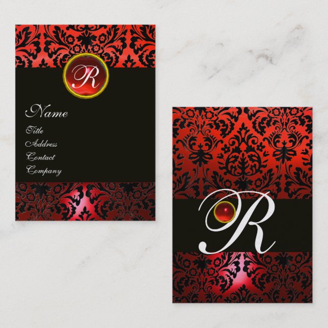 BLACK RED DAMASK FLORAL MONOGRAM,Ruby Gemstone Business Card (Front/Back)