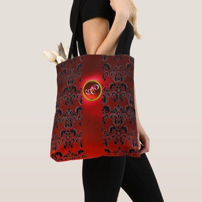 BLACK RED DAMASK FLORAL ,RUBY GEMSTONE MONOGRAM TOTE BAG (Close Up)