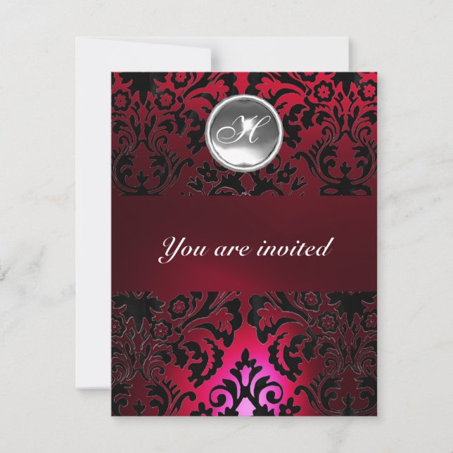 BLACK & RED DAMASK GEM STONE MONOGRAM burgundy Invitation (Front)