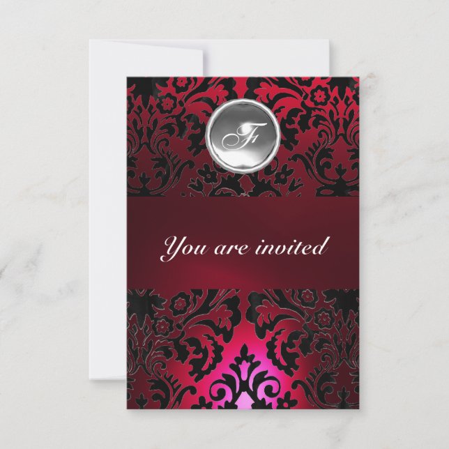 BLACK & RED DAMASK GEM STONE MONOGRAM burgundy Invitation (Front)