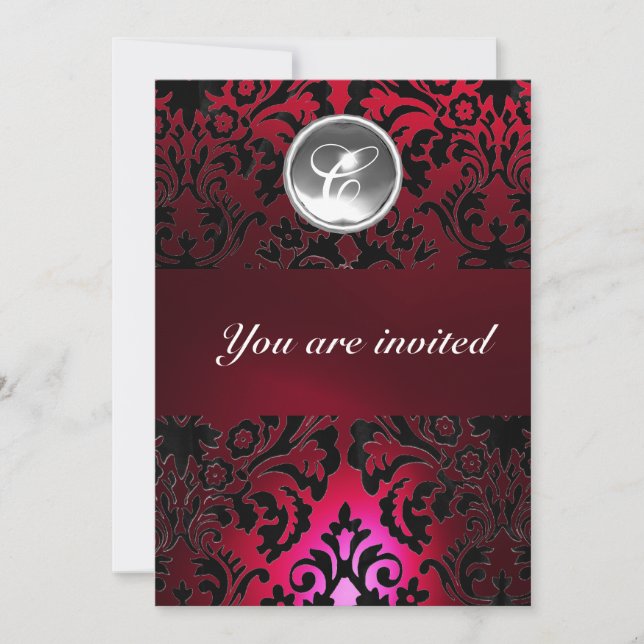 BLACK & RED DAMASK GEM STONE MONOGRAM burgundy Invitation (Front)