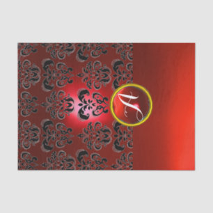 BLACK RED DAMASK GEMSTONE MONOGRAM Floral Tissue Paper