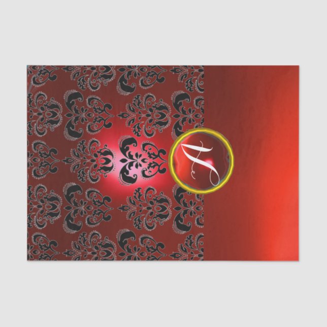 BLACK RED DAMASK GEMSTONE MONOGRAM Floral Tissue Paper (Front)
