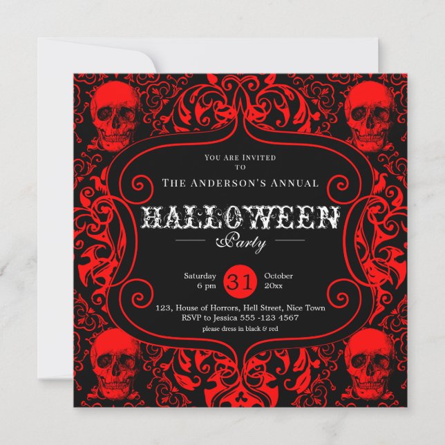 Black Red Damask Skull Custom Halloween Party Invitation (Front)