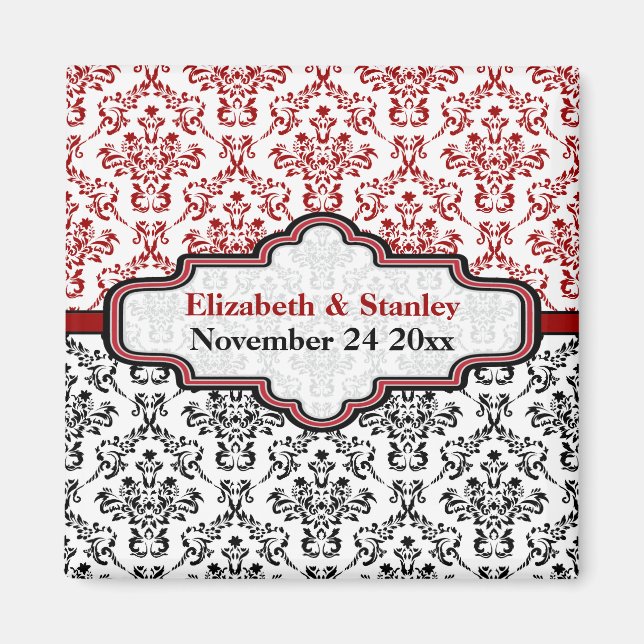 Black red damask wedding Save the Date magnet (Front)