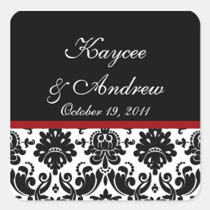 Black & Red Damask Wedding Square Sticker