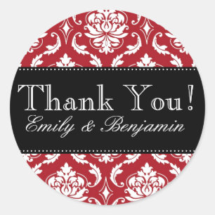 Black, Red Damask Wedding Thank You Sticker