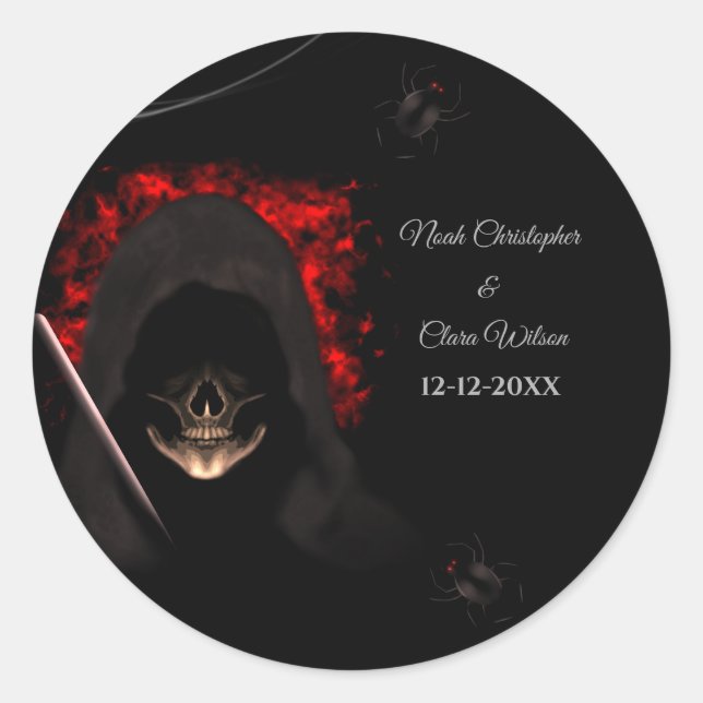 Black red dark moody gothic skull halloween spider classic round sticker (Front)