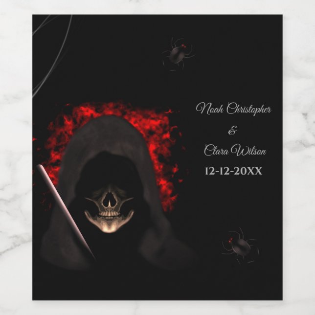 Black red dark moody gothic skull halloween spider wine label (Single Label)