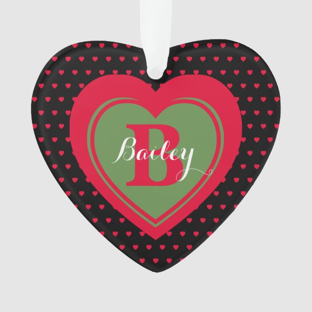 Black & Red Dotted Hearts Personalised Keepsake Ornament (Front)