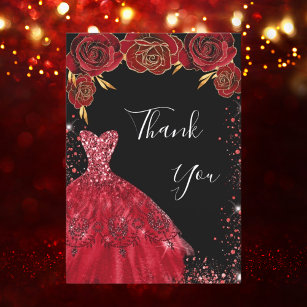 Black red dress florals glitter birthday thank you card