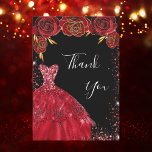 Black red dress florals glitter birthday thank you card<br><div class="desc">A feminine and elegant birthday thank you card. A black background, with red faux glitter, sparkles, red roses and a red dress. On front a large hand lettered script and the text: Thank You. Back: Personalise and add Your thank you note and name. The name is written with a modern...</div>