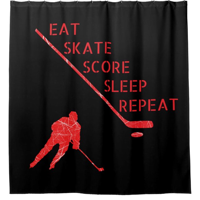 Black red - eat skate play hockey shower curtain (Front)