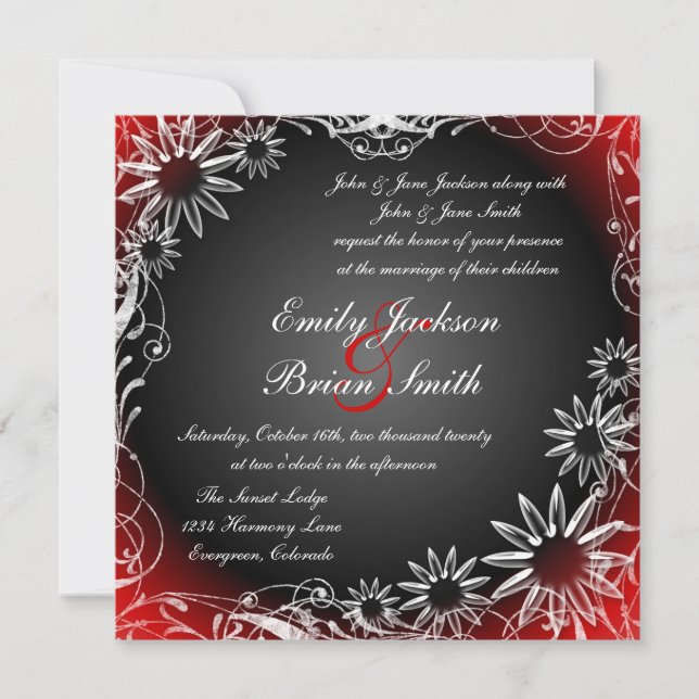 Black red fade daisy flower wedding invitations (Front)