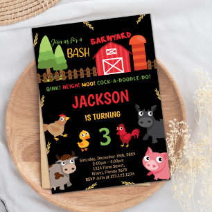 Black Red Farm Animals Birthday Invitations