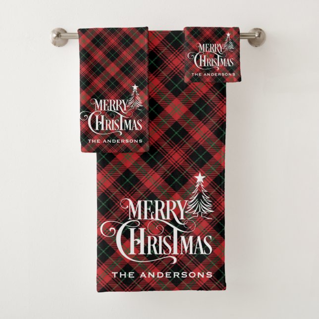 Black Red Farmhouse Christmas Tartan Plaid Custom Bath Towel Set (Insitu)