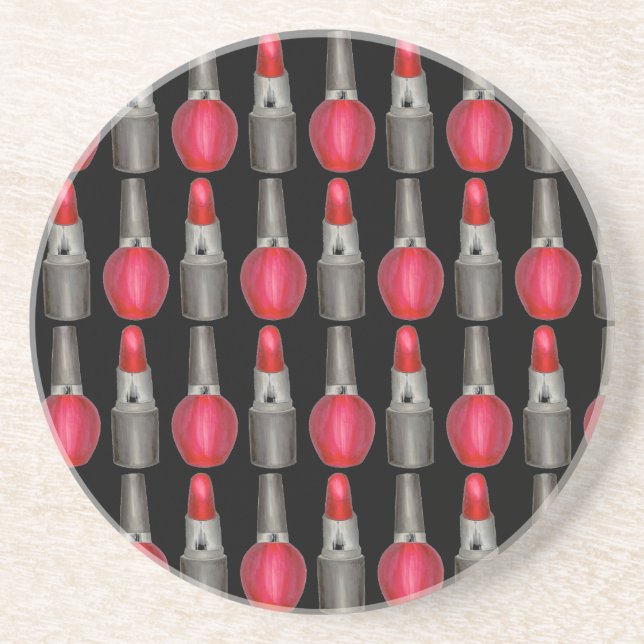 Black Red Fashionista Lipstick Nail Polish Makeup Coaster (Front)