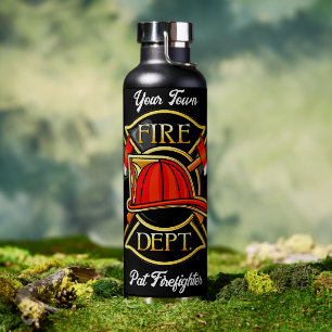 Black & Red Firefighter Emblem Water Bottle