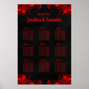 Black & Red Floral 9 Wedding Tables Seating Charts