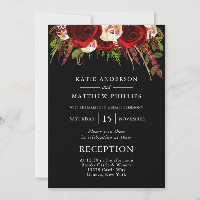 Black Red Floral Boho Wedding Reception Invitation (Front)
