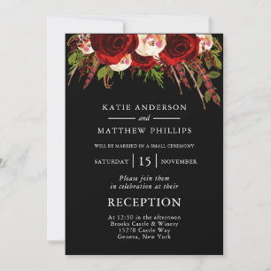 Black Red Floral Boho Wedding Reception Invitation