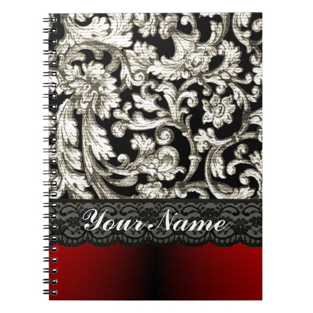 Black & red floral damask pattern notebook (Front)
