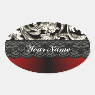 Black & red floral damask pattern oval sticker