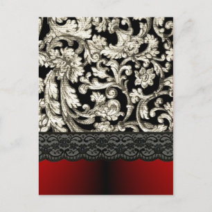 Black & red floral damask pattern postcard