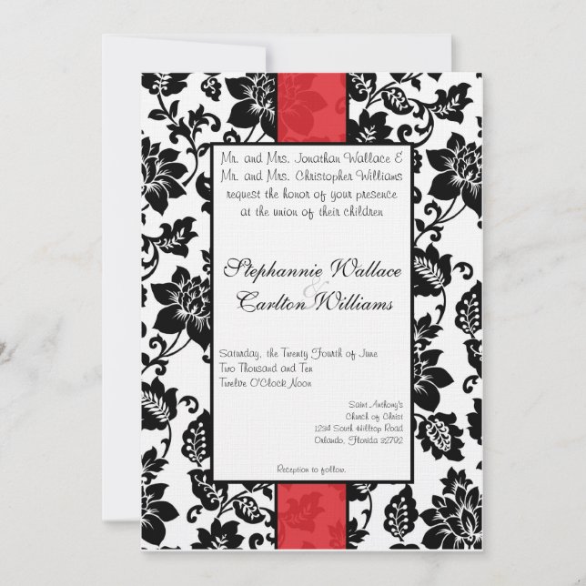 Black/Red Floral Damask Wedding Invitation (Front)