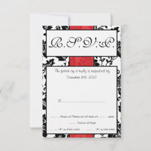 Black/Red Floral Damask Wedding RSVP Card