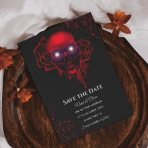 Black red floral dark moody gothic skull halloween save the date