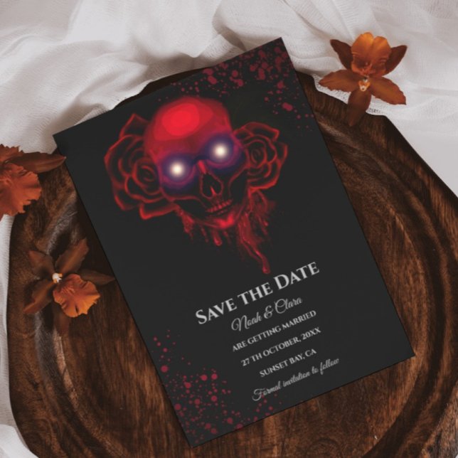 Black red floral dark moody gothic skull halloween save the date (Creator Uploaded)