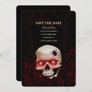 Black red floral dark moody gothic skull halloween save the date