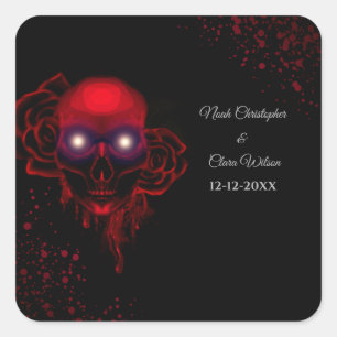 Black red floral dark moody gothic skull halloween square sticker