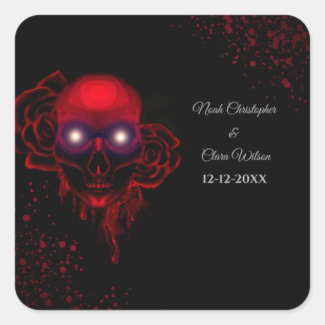 Black red floral dark moody gothic skull halloween square sticker (Front)