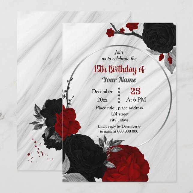 Black & red floral geometric birthday party invitation (Front/Back)