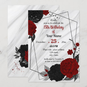Black & red floral geometric birthday party invitation