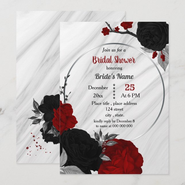 Black & red floral geometric bridal shower invitat invitation (Front/Back)